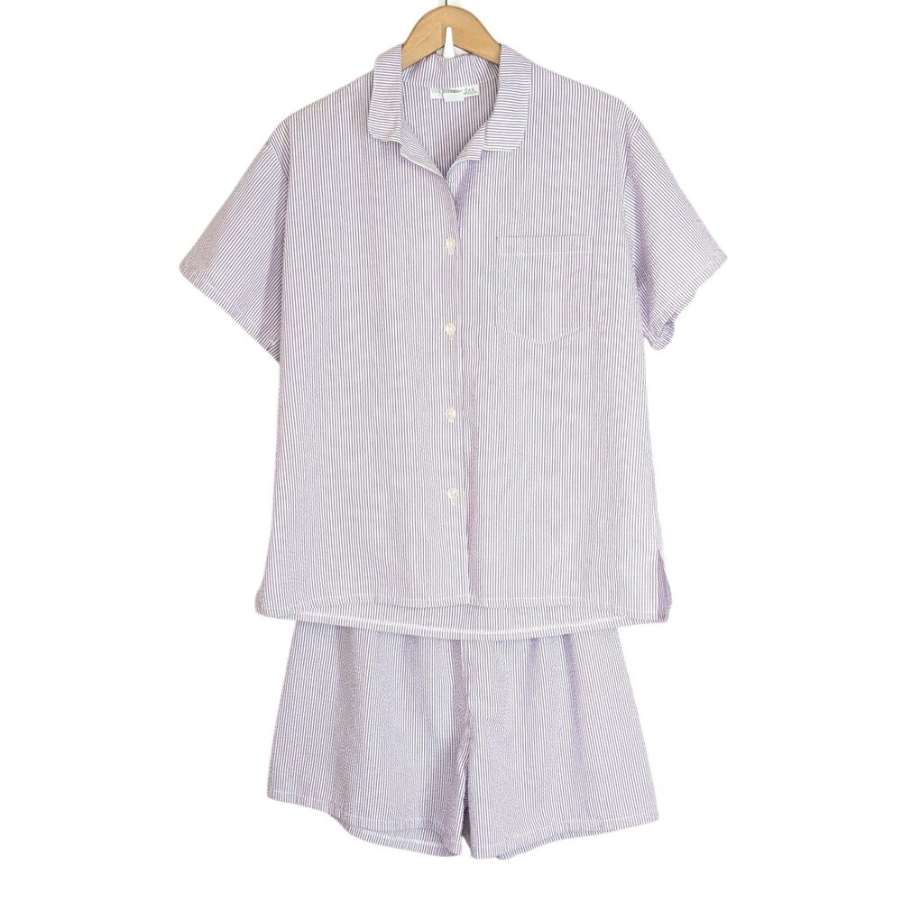 The Pillow Bar Pajama Set Sz L Purple White Seersucker Button Top Shorts Preppy